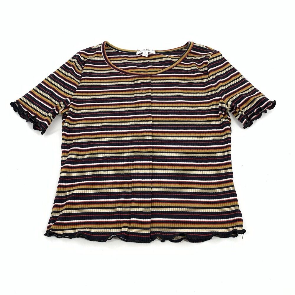 Persaya Vertical Striped Mini Ribbed Cropped Top Medium Womens Gold Red Black M